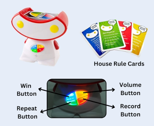 Robot with different functional buttons and house rule cards used in UNO Roboto 