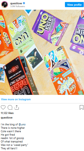 Instagram post on playing UNO